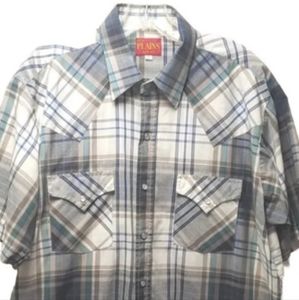 Vtg Ely Cattleman Plains Western Wear Pearl Snap Shirt Large Blue Plaid Ranch